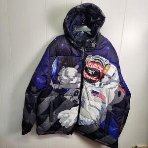 Members Only Jacket Mens XL Black Astronaut‎ Space Puffer Full Zip Hooded Stars